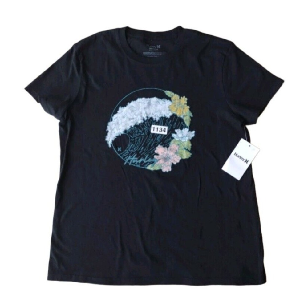 Hurley T Shirt Women's Junior Small Black with Hawaii Waves and Hibiscus Graphic